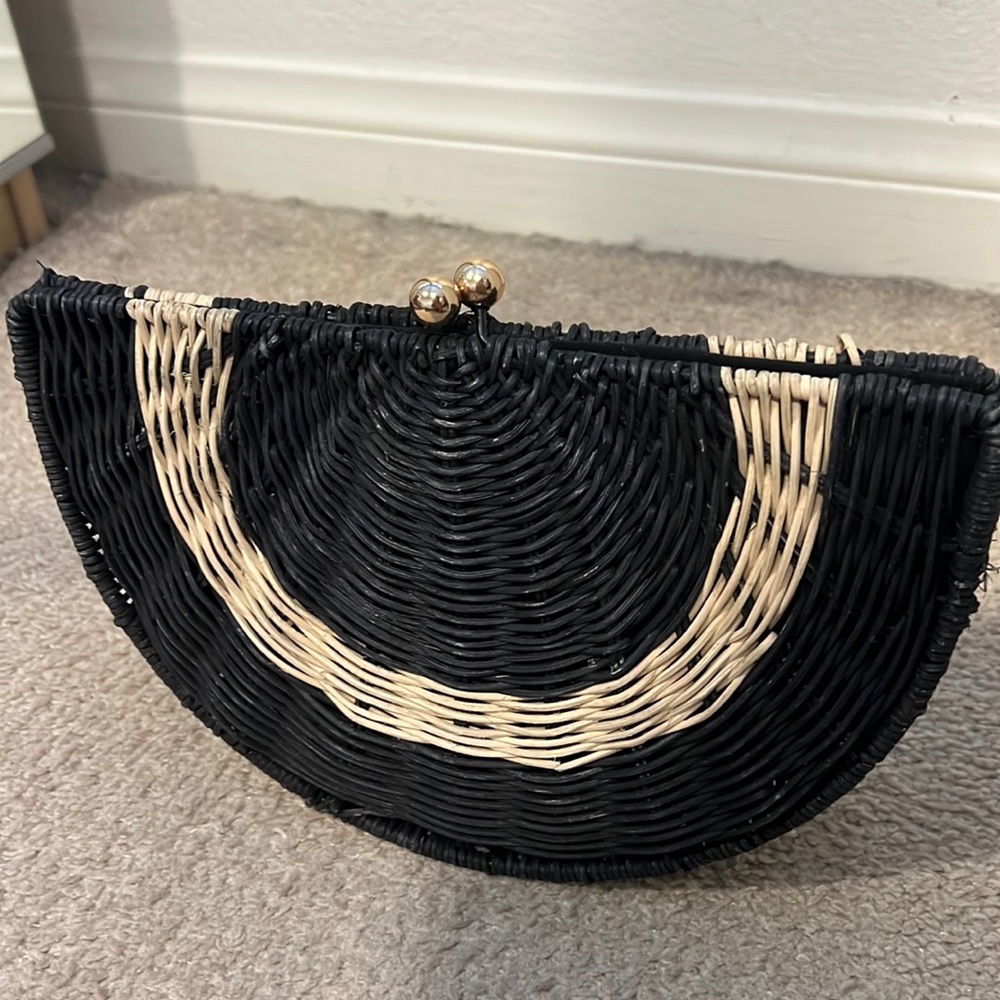 Black and white raffia clutch
